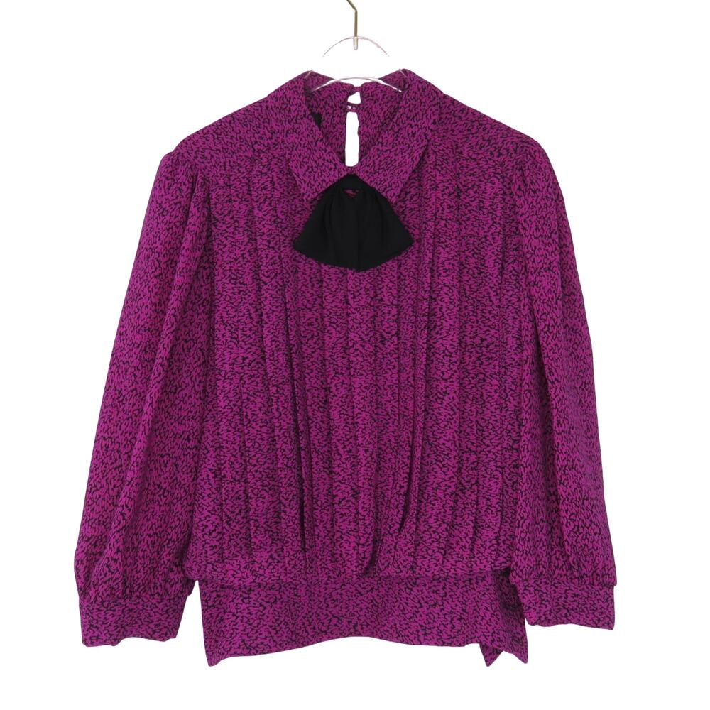 Alexis 1970s Vintage Blouse Purple Pleated Pussybow Neck Tie Blouse Small - Picture 2 of 5